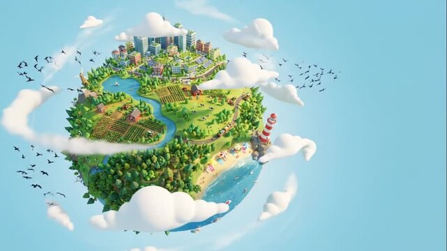 Isometric Tiny Planet Earth with Sustainable City, Green Farm, Forest, River and Beach - Eco Friendly Concept