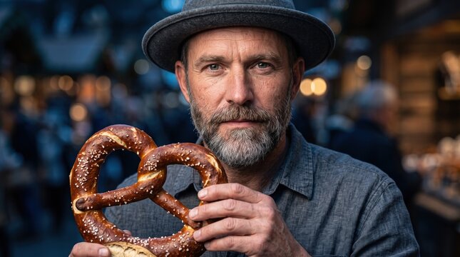 Portrait of a mature man holding a traditional salted pretzel at a festive outdoor market