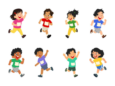 A cheerful collection of cartoon kids running in different poses and expressions. This illustration set features boys and girls participating in running activities, school sports, races, exercise, and