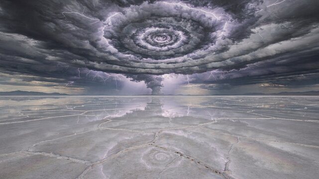 Surreal Prismatic Salt Flat Reflecting an Infinite Fractal Storm Ceiling｜無限のフラクタル嵐天井を映す超現実の虹色塩平原