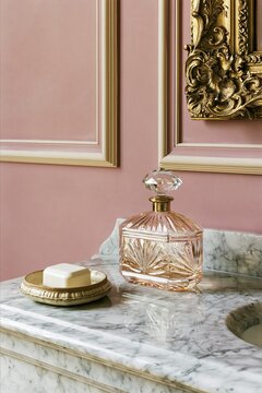 Antique crystal perfume bottle with stopper and porcelain soap dish on honed Carrara marble vanity in a dusty rose bathroom setting
