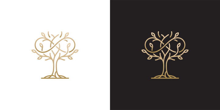 Golden tree of life logo design with infinity symbol branches on white and black backgrounds