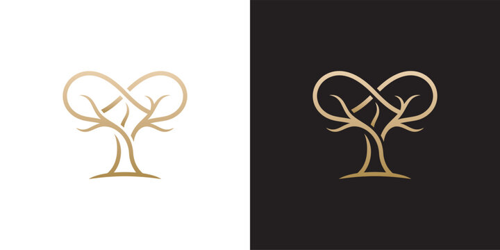 Elegant golden tree logo design featuring an infinity symbol concept for growth and longevity in nature-inspired branding
