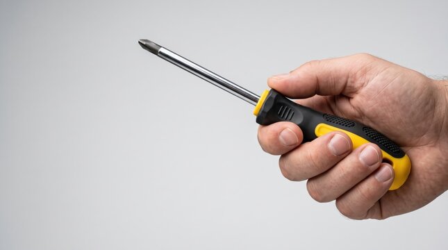 Close-up of a hand holding a screwdriver isolated on a clean background. Essential hand tool representing skilled trades, craftsmanship, home repair and Happy Labor Day celebration with copy space