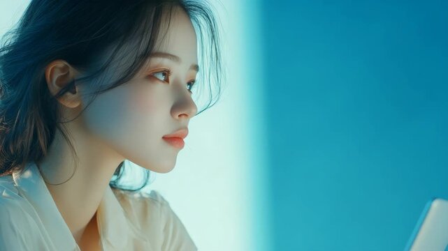 A young woman gazes off-camera, her face illuminated by gentle light.