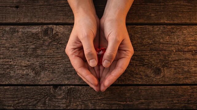 Hands holding and protecting a red glass heart on wooden background
