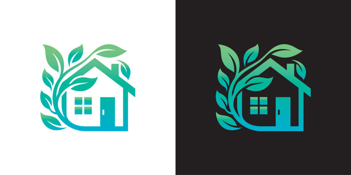 Modern eco-friendly house logo with green leaves representing sustainable living and green architecture design