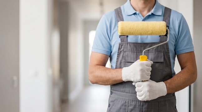 Professional house painter holding a paint roller during an interior renovation project. Skilled trades, home improvement and Happy Labor Day appreciation concept