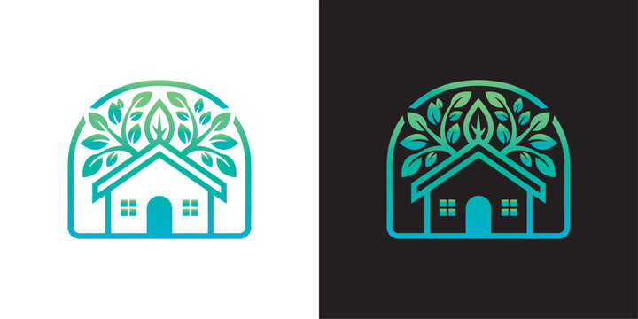 Eco-friendly house and nature tree logo design concept featuring green leaves and architecture symbols