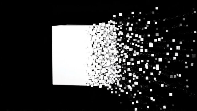 Digital white cube disintegrates into small particle pixels