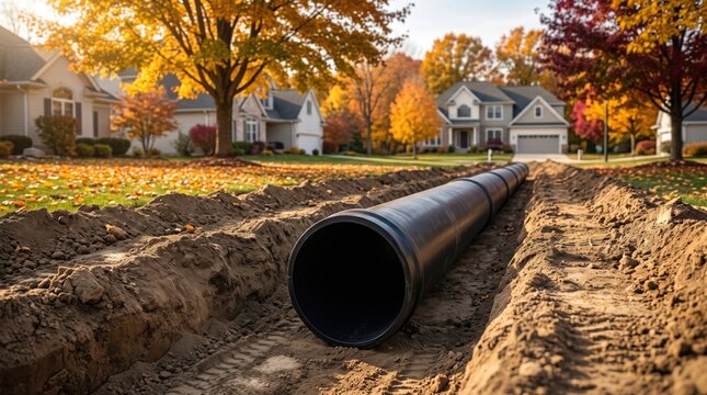 Underground pipeline installation in a residential neighborhood. Sewer pipe, water line, utility construction, trench excavation and infrastructure repair concept
