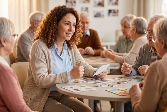 Caregiver assisting elderly group with cognitive game at table in care facility
