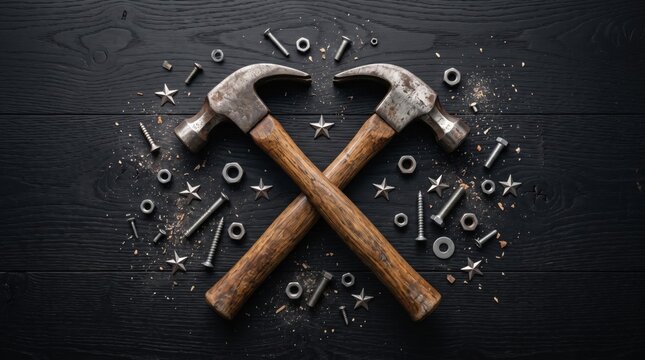 Crossed carpenter hammers on a dark wooden background. Construction tools, woodworking, skilled trades and Happy Labor Day background