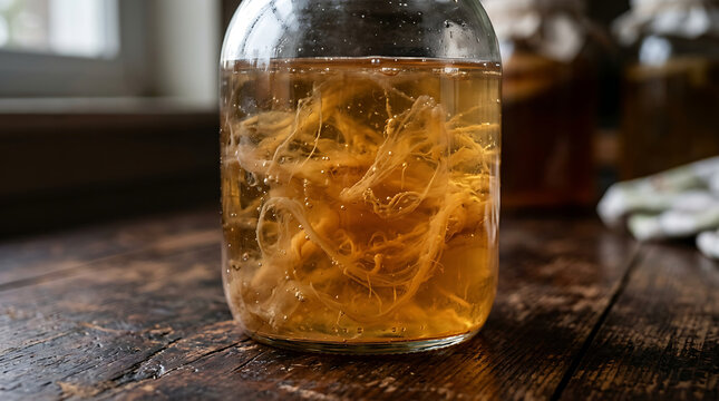 Close-up view of a kombucha SCOBY culture growing in a glass jar filled with amber liquid on a rustic wooden table.