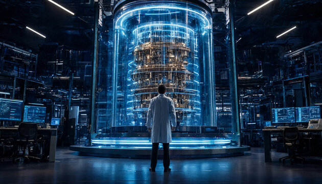Scientist Observing a Large Quantum Computer Cryostat