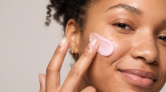 Extreme close up of a black woman applying facial cream treatment on her cheek.