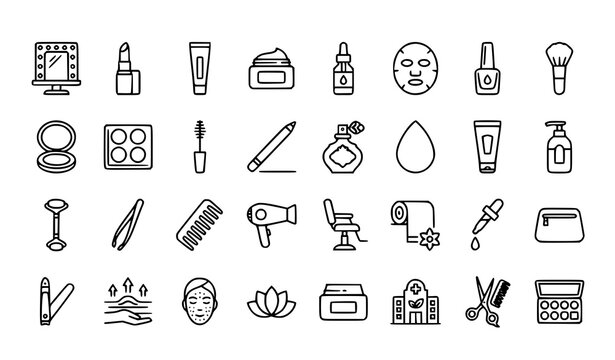 Set of hand drawn beauty and skincare icons featuring makeup tools and cosmetic products in doodle style