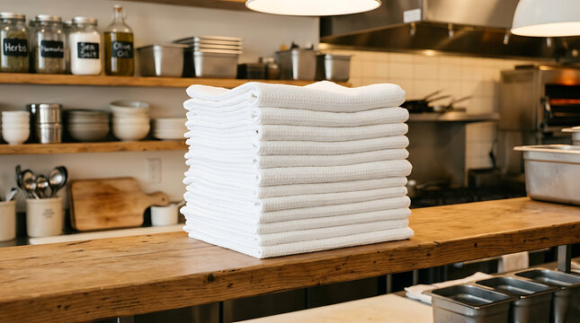 Neatly Stacked Clean White Kitchen Towels on Wooden Countertop