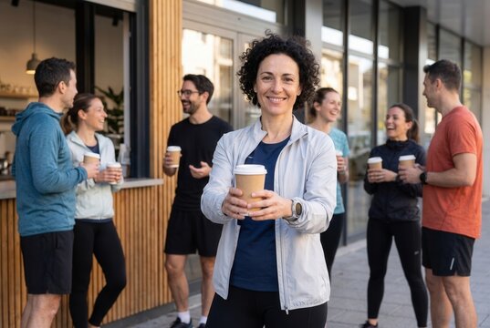 Woman smiling holding coffee cup with friends relaxing after exercising outdoors