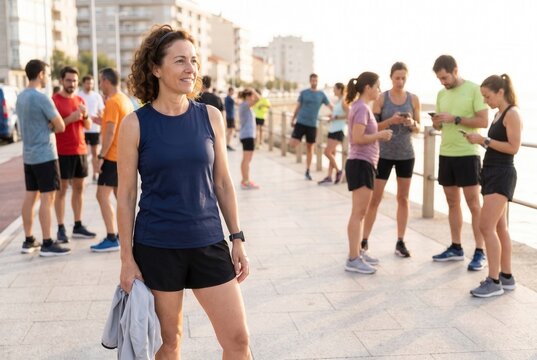 Woman smiling, holding a jacket, after a group workout session outdoors