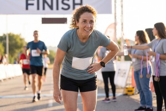 Woman runner smiling with hand on hip after crossing the finish line of a race event