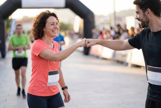 Two runners fist bumping and smiling after completing a race