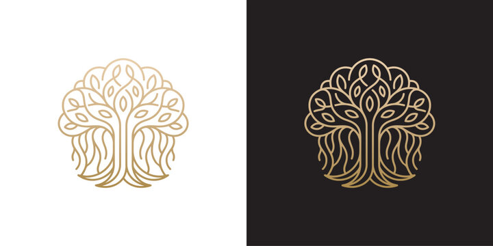 Luxury monoline tree logo with roots and leaves in golden line art style