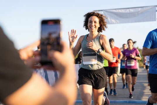 Woman feeling happy and healthy completing a race, achieving her fitness goal