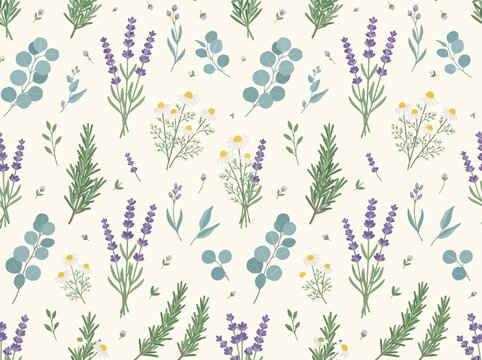 Soft botanical pattern with lavender, rosemary, chamomile, and eucalyptus for natural wellness and aromatherapy designs, packaging, textile prints, and digital backgrounds.