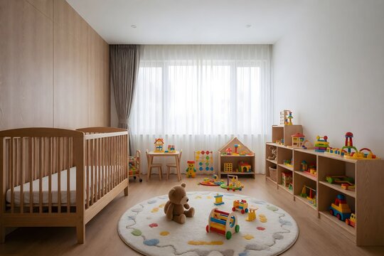 Minimalist modern nursery with wooden crib toys and cozy play area