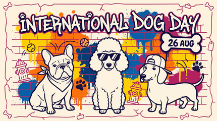Fototapeta premium Vibrant illustration celebrating three playful dogs on urban themed background for pet holiday with dogs set _ National Dog Day