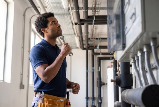 African american technician holding a wrench, inspecting industrial piping and electrical systems