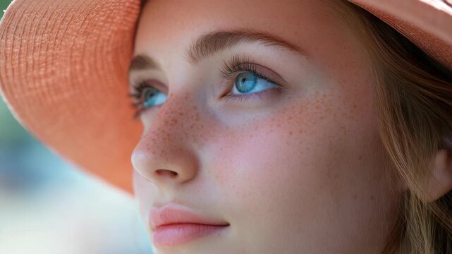 Soft light catches freckled cheek and gentle gaze. Blush pink hat frames serene expression. Blue eyes hold quiet wonder, softly focused. Natural tones evoke calm, sun-dappled stillness