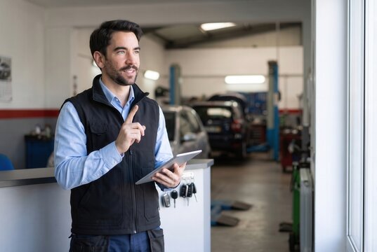 Service advisor holding tablet discussing vehicle maintenance in auto repair shop