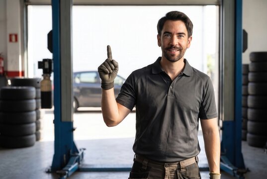 Male auto technician pointing up, showing car repair service in a workshop