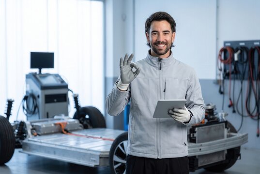 Male technician holding digital tablet and making ok gesture in electric vehicle repair shop
