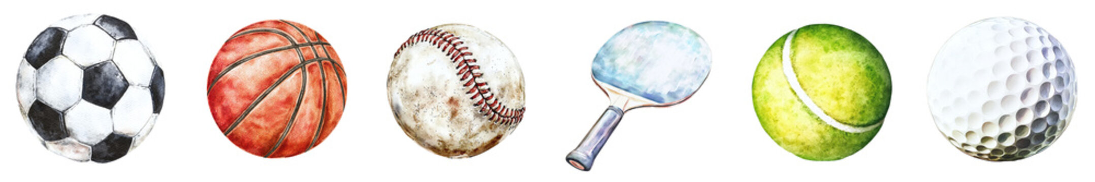 Set collection of watercolor sports balls and objects, isolated on transparent background PNG, template, mockup, cut out