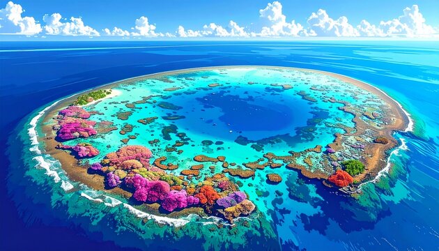 Aerial view of vibrant coral atoll in turquoise ocean.