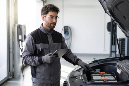 Technician performing diagnostics on an electric car battery pack with a digital tablet in a service center