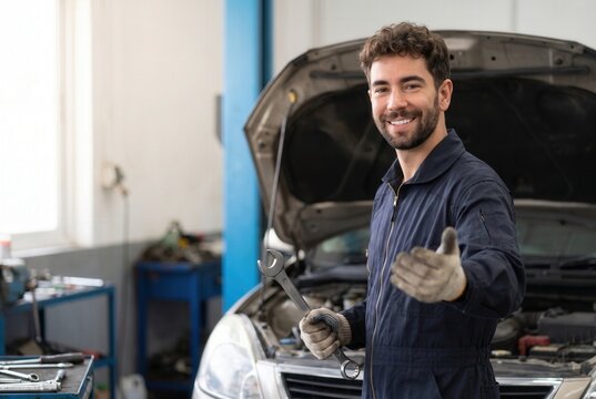 Mechanic holding a wrench, inviting with an open hand, offering professional car maintenance service