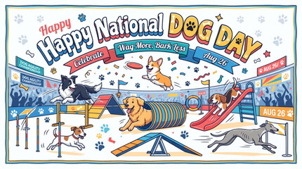 Obraz premium Vibrant illustrated agility event celebrating with energetic canines with competition with depicts lively cartoon _ National Dog Day