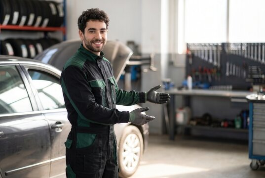 Young male mechanic stands in a car workshop, gesturing towards the open car hood, ready for service