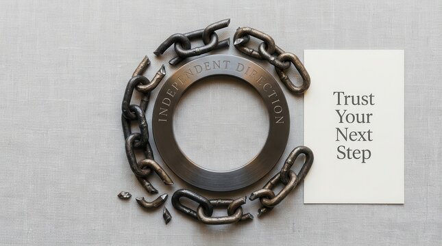 Broken metal chains surrounding a circular ring with independent direction text beside trust your next step card, representing freedom and liberation from constraints via courageous new life paths now