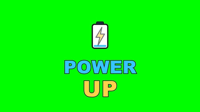 4K green screen POWER UP animated text - a charging battery, kinetic typography gaming overlay for streamers gamers and social media, chroma key