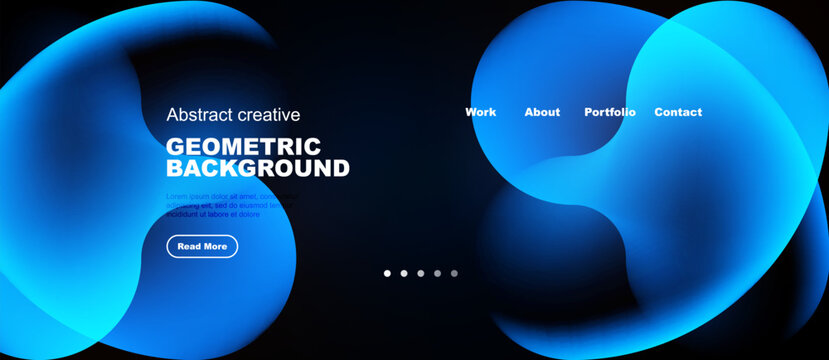 Abstract blue shapes dominate dark background. Website header includes navigation options, read more button. Modern design.