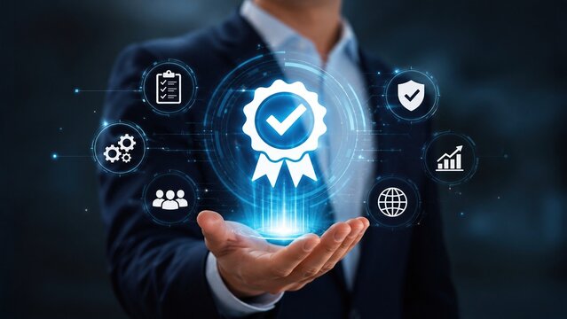 Businessman holding quality assurance icon. Professional showing digital service standards.