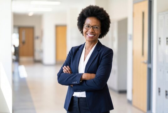 Black woman principal standing confidently in a school hallway with arms crossed