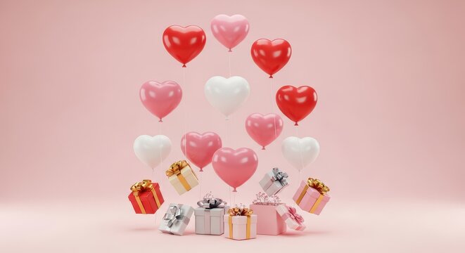 Colorful heart balloons and gift boxes create a joyful, romantic atmosphere for special occasions and celebrations.