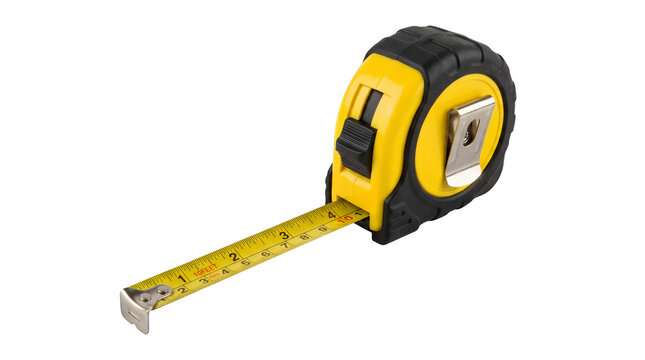 Yellow retractable tape measure tool  isolated on transparent background for construction and measurement