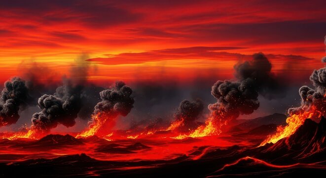 Dramatic volcanic eruption with flowing lava, smoke plumes, and fiery sky creating a powerful natural landscape.